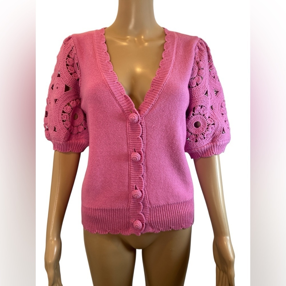 Design 365 Pink Crochet Sleeve Women's Cardigan Sweater size S